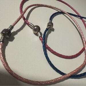 Pandora leather Braided Pink and Blue double Bracelet (Set of 3)